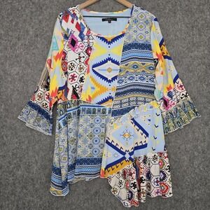 Calessa Tunic Womens 2X Multicolor Patchwork Boho Asymmetrical Artsy Top Lined